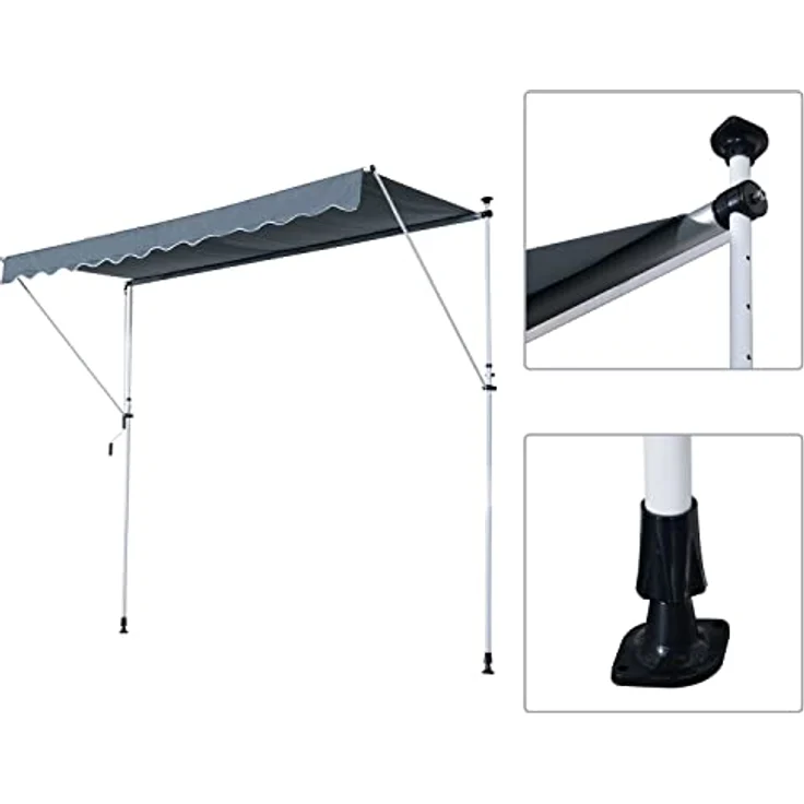 Outsunny Markise Gelenkarmmarkise Klemmmarkise Höhenverstellbar Sonnenschutz Faltarm Handkurbel Balkon Alu Grau 300 x 150cm – Bild 3