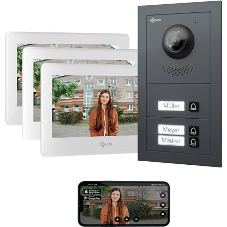 Goliath Intercom Video-Türsprechanlage Basic-Line, 7-Zoll HD Monitor in Weiß/Schwarz, 2-Draht, für 3-Familienhaus mit App-Funktion und 170° Kamera