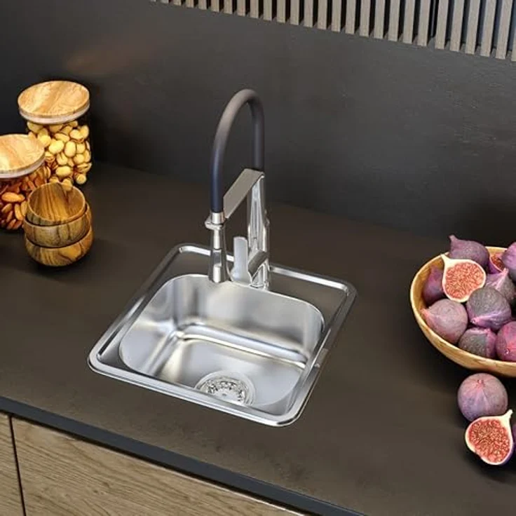 Granitan Spülbecken mit Siphon 38 x 38 cm - Einbauspüle aus Stahl - Hahnloch Durchmesser 92mm - Satin – Bild 4