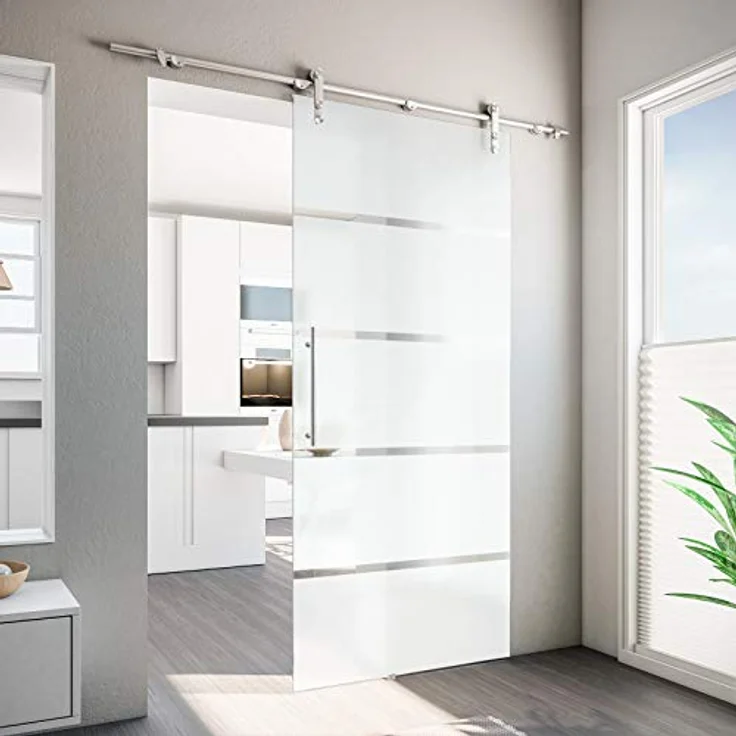 inova Glas-Schiebetür offene Schiene 900 x 2080 mm Blockstreifen Edelstahl Komplettset - ESG Sicherheitsglas, Milchglas satiniert, rahmenlos - Preisvergleich – Bild 2
