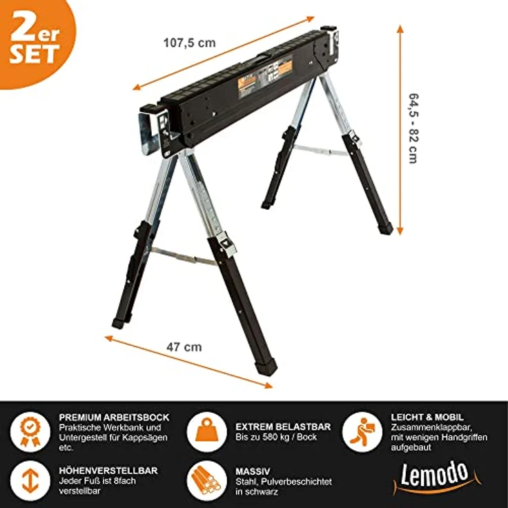 Premium Arbeitsbock, klappbar, höhenverstellbar, Sägebock (2er Set) – Bild 2