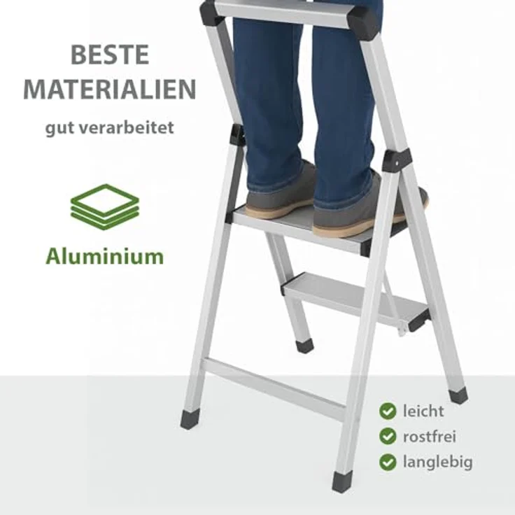 TRUTZHOLM Alu Trittleiter 2-stufig klappbar, bis 150 kg Traglast, Aluminium Silber, Anti-Rutsch Trittflächen, TÜV/GS geprüft, leicht mit Handgriff, platzsparend, 3,2 kg – Bild 2