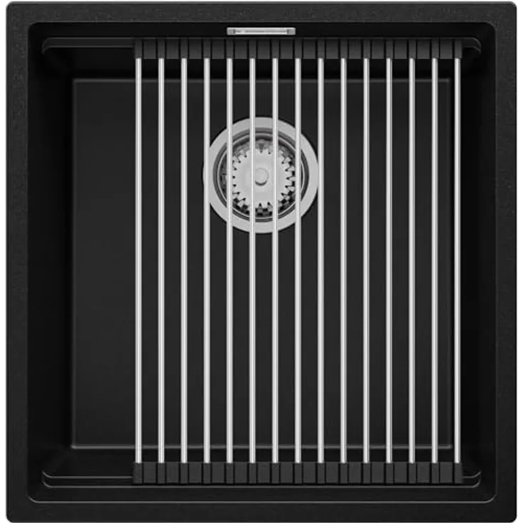 Primagran Unterbauspüle Granit Schwarz 46x47cm, 1 Becken + Ablauf-Set + Aufrollbare Abtropffläche, Grande XXL Becken - Prag