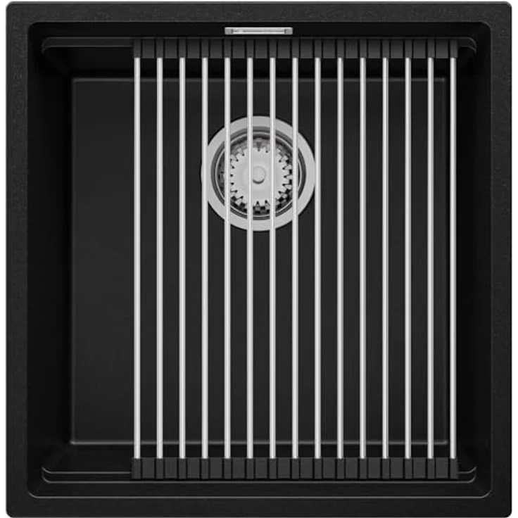 Primagran Unterbauspüle Granit Schwarz 46x47cm, 1 Becken + Ablauf-Set + Aufrollbare Abtropffläche, Grande XXL Becken - Prag – Bild 1