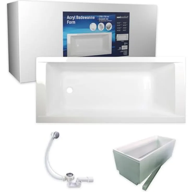 sanicomfort Badewanne Komplettset Rechteck 170x75 cm – weiße Acryl-Badewanne mit Styropor-Wannenträger, Ablaufgarnitur, Wärmedämmung & Schalldämmung, pflegeleicht & robust