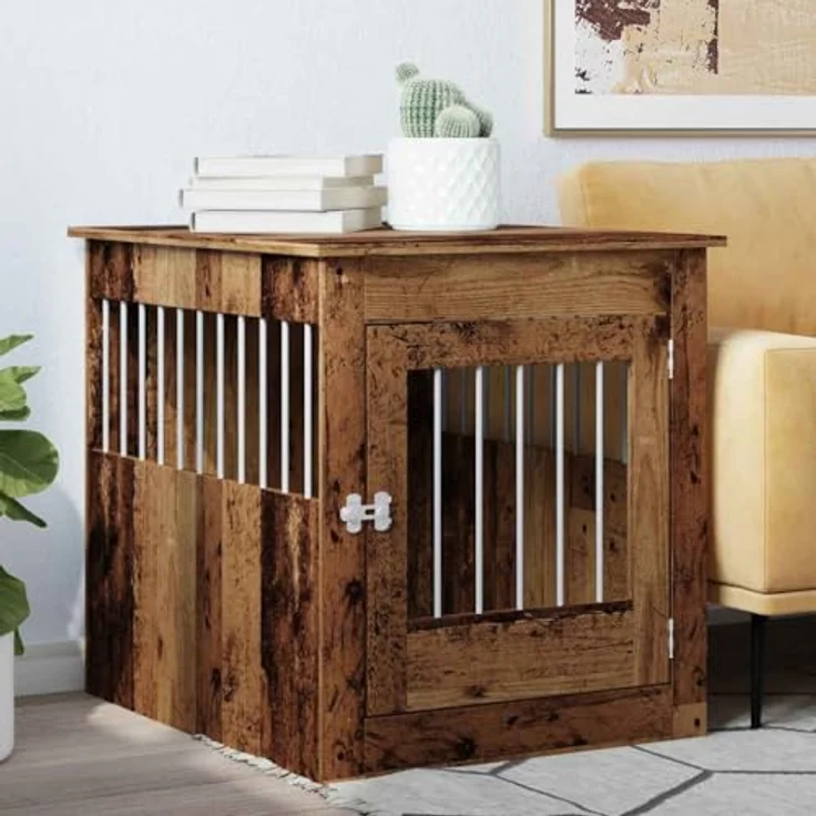 vidaXL Hundekäfig im Möbelstil Altholz-Optik 64,5x80x71 cm, praktische 2-in-1 Funktion, robuste Konstruktion, belüftetes Design, abschließbare Tür – Bild 4