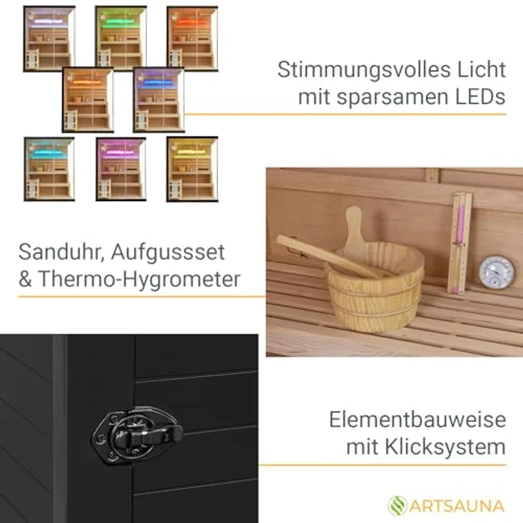 Artsauna Sauna Vantaa 150, BxTxH: 150 x 140 x 190 cm, 5 mm, 2 große Salzsteine, Ambientebeleuchtung, Schwarz/Natur, 3 Personen, 4,5 kW Ofen mit Saunasteinen – Bild 6