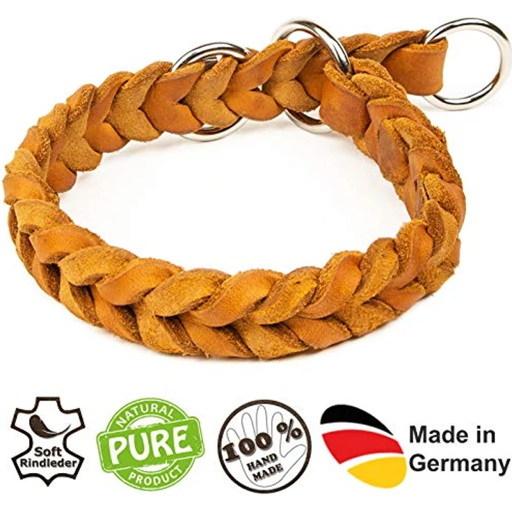 CopcoPet - Fettlederhalsband, Würger geflochten mit verchromten Zugstopp-Ring, Cognac 25-30 cm x 15 mm – Bild 2