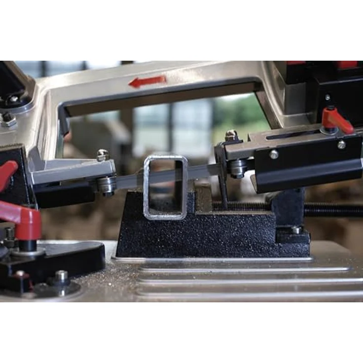 Flex Metall-Bandsäge SBG 4910, 850 W Werkstattsäge mit schwenkbarem Sägerahmen, Bimetall-Sägeband, schwarz/rot, inkl. Zubehör und Parallelanschlag – Bild 4