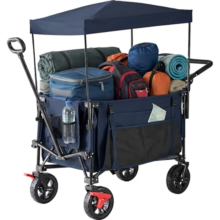 Relaxdays Bollerwagen, faltbar, 150 kg Traglast, mit Dach und Teleskop- & Schiebegriff, blaue Gummireifen mit Bremse, Transportwagen