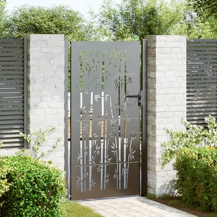 vidaXL Gartentor Schwarz, 105 x 175 cm, pulverbeschichteter Stahl mit stabilem Riegelverschluss und modernem Laserschneider-Design – Bild 2