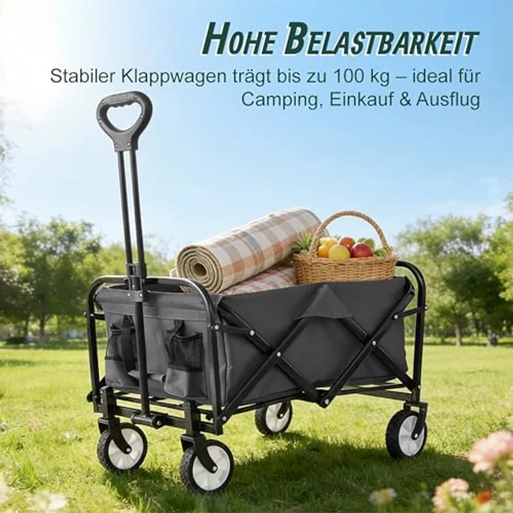 Relaxdays Bollerwagen Faltbar, 100 kg Traglast, Teleskopgriff, 95 l Volumen, Oxford-Gewebe, grau – Bild 2