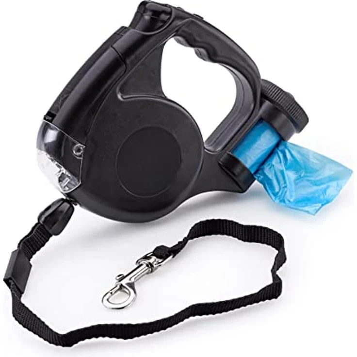 Hundeleine mit LED Licht Kotbeutelspender Beutelspender 5m Hunde Leine bis 25kg Rollleine Schwarz – Bild 2