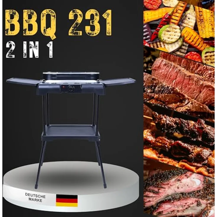 Sommertal BBQ231 Elektrogrill, 2200W 2-in-1 Tisch- und Standgrill mit Windschutz, stufenlosem Temperaturregler und Ablagefläche – Bild 4