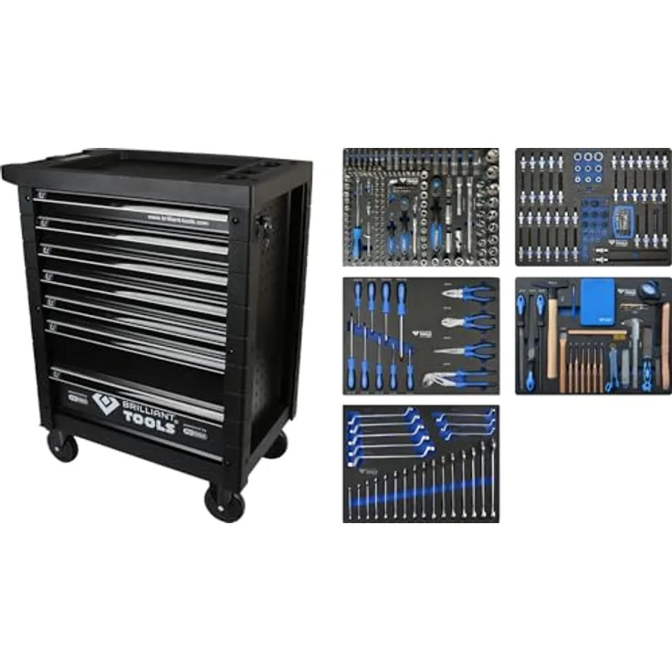 BRILLIANT TOOLS Werkstattwagen 7 Schubladen, bestückt mit 347 Profi-Werkzeugen, 470x770x975 mm
