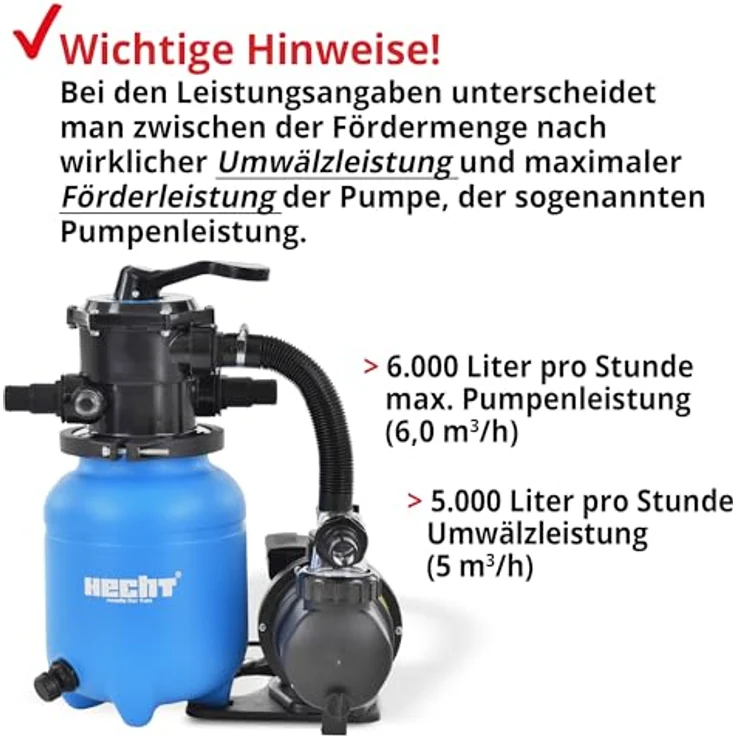 Hecht Sandfilteranlage 302111, 7-Wege Ventil, 12 kg Sandkapazität, 6 m³/h Förderleistung, 200W, 32/38 mm Schlauchanschlüsse – Bild 7