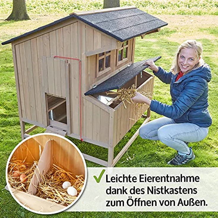Zooprinz Hühnerstall Berghof, geräumig mit breitem Nistkasten und Klappdach, 110x130x110 cm, Massivholz, mit Falltür und herausziehbarer Kotschublade – Bild 2