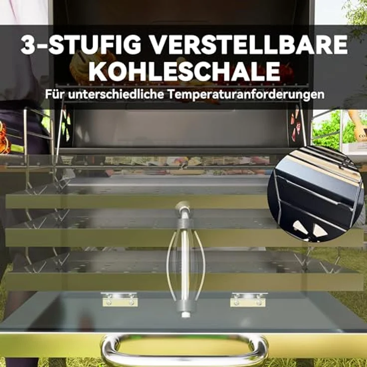 Outsunny Holzkohlegrill fahrbar mit Deckel Thermometer Grillrost Räder verstellbar Kohlewanne, BBQ Smoker für Camping Garten 112x58x107cm – Bild 4
