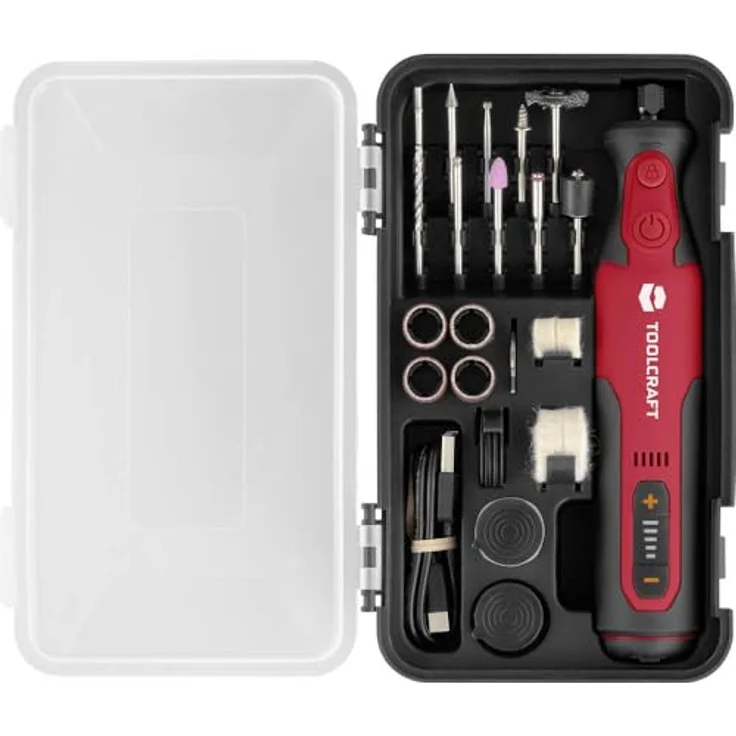 TOOLCRAFT Graviergerät, handgeführtes Rotationswerkzeug mit 32 Zubehörteilen, 7.2 V Akku, LED-Licht und USB-Ladeanschluss im Koffer – Bild 2