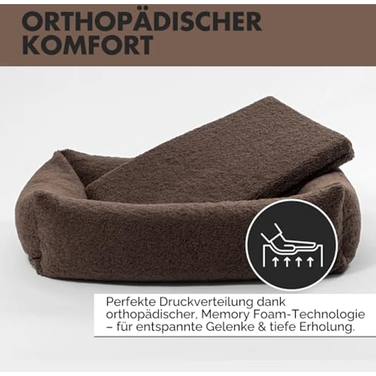 PAW WOW Sven Orthopädisches Hundebett, Teddy-Stoff, waschbar, braun, 80x60cm für kleine, mittelgroße und große Hunde – Bild 2
