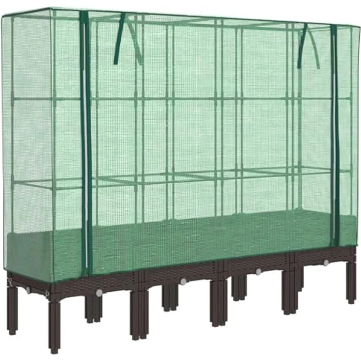 vidaXL Hochbeet mit Gewächshaus-Aufsatz, Pflanzbeet mit Eisenrohr-Rahmen, Gemüsebeet für Garten Terrasse Balkon, Pflanzkasten Frühbeet, Rattan-Optik, Braun – Bild 1