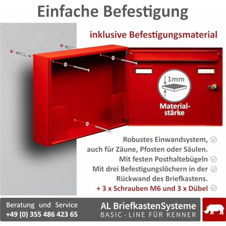 AL Briefkastensysteme Briefkasten rot RAL 3000 Basic 1er Briefkasten mit Namensschild und Schloss 1 Fach DIN A4 wetterfest - Postkasten Mailbox – Bild 4