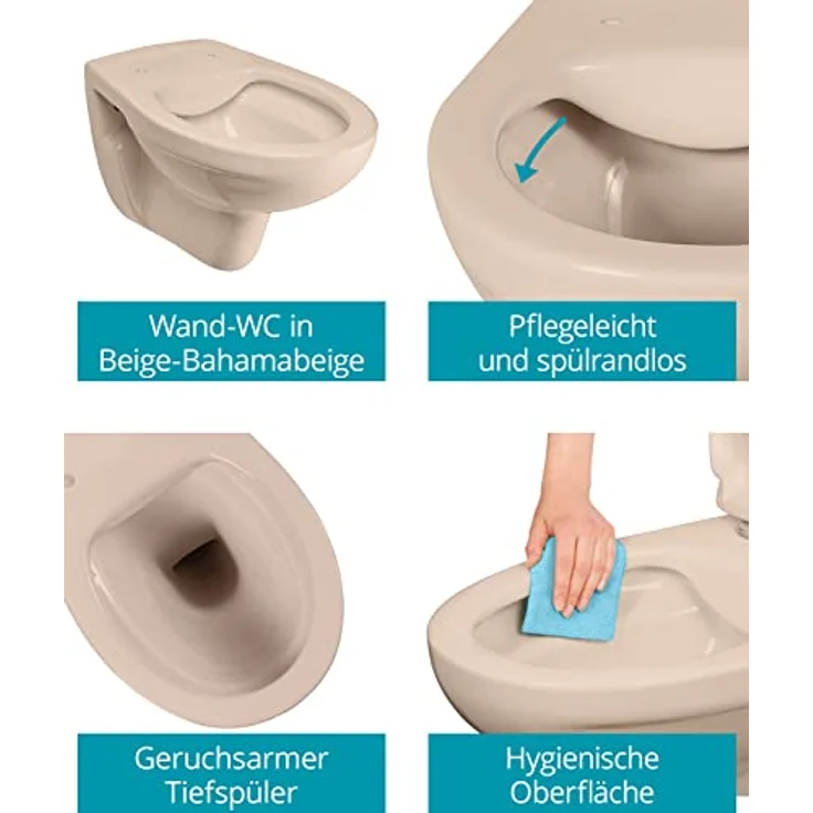 Calmwaters® Spülrandloses Hänge-WC in Beige-Bahamabeige, Wand-WC mit Abgang waagerecht, Tiefspül-WC ohne Spülrand, Tiefspüler wandhängend, Wandtoilette aus Sanitärkeramik in Beige, 08AB6146 – Bild 2