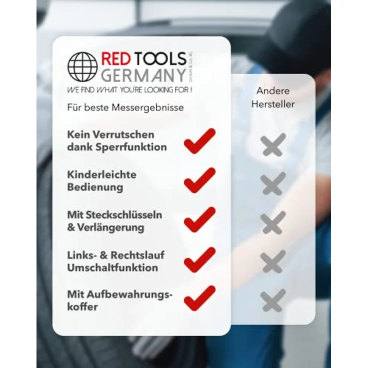 Red Tools Drehmomentschlüssel, Stecknüsse & Aufbewahrungs-Koffer - 40-220 Nm 1/2 Zoll Antrieb - Radmutternschlüssel für Auto, Fahrrad, Motorrad – Bild 4