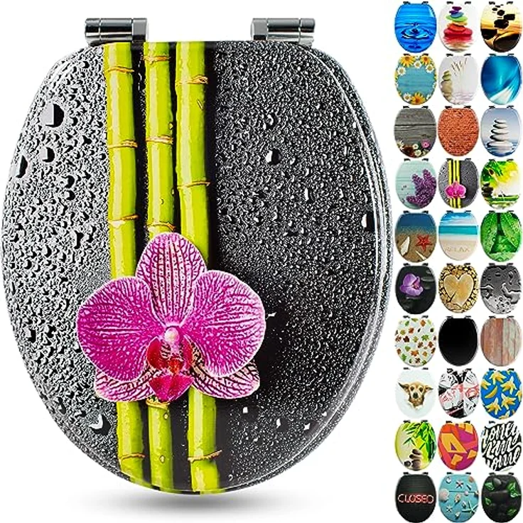 Sanfino WC Sitz Bamboo, Toilettendeckel aus Holz mit Absenkautomatik, grau-schwarz mit Orchideen-Motiv, einfache Montage – Bild 1