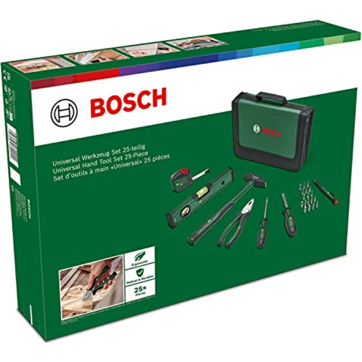 Bosch Handwerkzeug-Set 25-teilig, inkl. Kombizange, Schraubendreher, Wasserwaage, ergonomisches Design, textile Aufbewahrungstasche – Bild 7