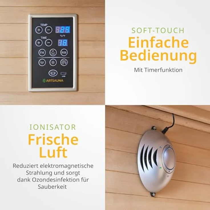 Artsauna Infrarotkabine Kiruna90 Dual Technologie, BxTxH: 90 x 90 x 190 cm, für 1 Personen, Hemlockholz, HiFi-System, Bluetooth, LED-Farblicht, Natur – Bild 6