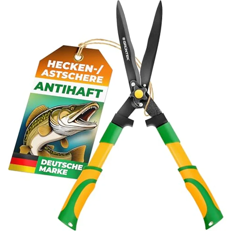 GRÜNTEK HECHT Heckenschere und Astschere, 560 mm mit SK5-Stahlklingen, Teflon-Beschichtung, ergonomischen 2-Komponentengriffen und Anschlagpuffer