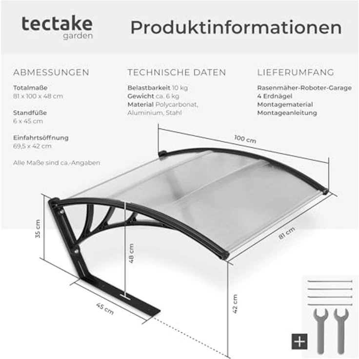tectake Mähroboter-Garage Domus, wetterfester Unterstand für Rasenmäher-Roboter, 81 x 100 x 48 cm, inkl. 4 Erdnägel, UV-beständiges Polycarbonat-Dach – Bild 6
