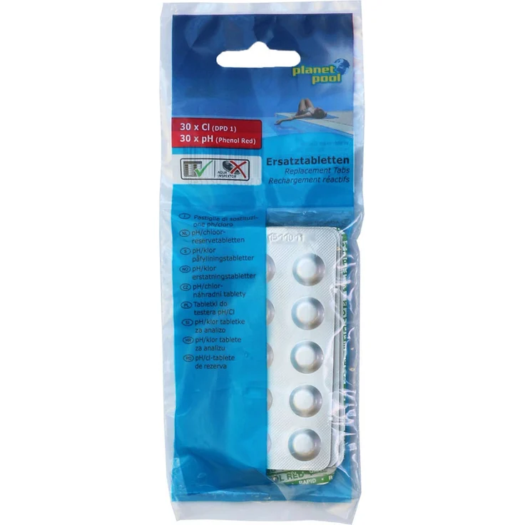 Planet Pool pH / Chlor-Ersatztabletten, 30 Tabletten DPD1 und 30 Tabletten Phenol Red, geblistert zur Wasseranalyse