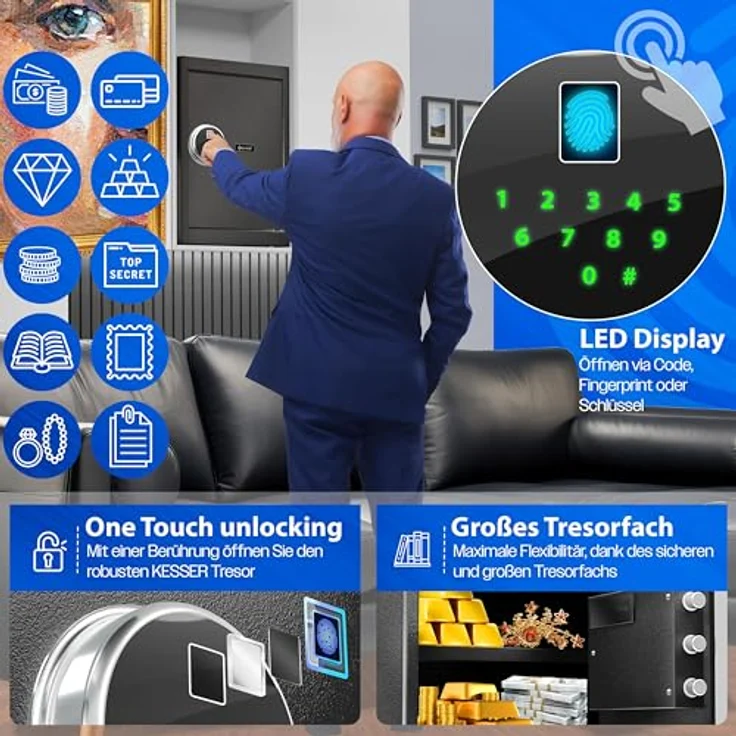 KESSER® Elektr. Tresor mit Fingerabdruck & Schlüssel M, 3x Doppelbolzenverriegelung, Notfallakku, Alarmfunktion, schwarz – Bild 3