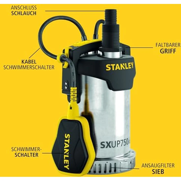 Stanley Klarwasserpumpe 750 Watt 11.000 l/h Hauswasserversorgung max. Förderdruck 0,85 bar max. Tauchtiefe 7 m max. Partikelgröße 5 mm 6 kg – Bild 6