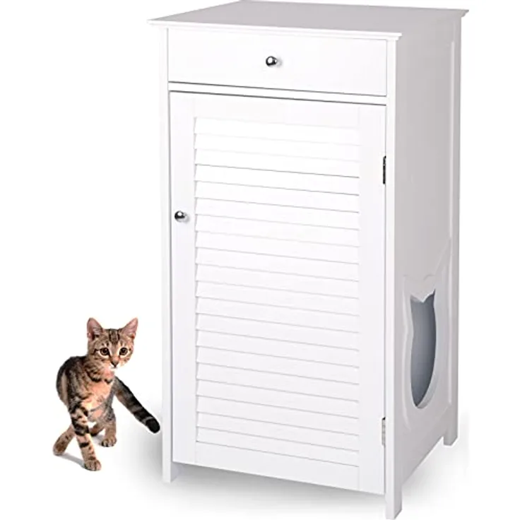 WONDERMAKE® Katzenschrank für Katzentoilette groß hoch aus Holz, Katzenklo-Schrank Kommode mit Schublade und Tür geschlossen, Design Katzen-Haus Toilette Klo XL, 51 x 46 x 96 cm, weiß