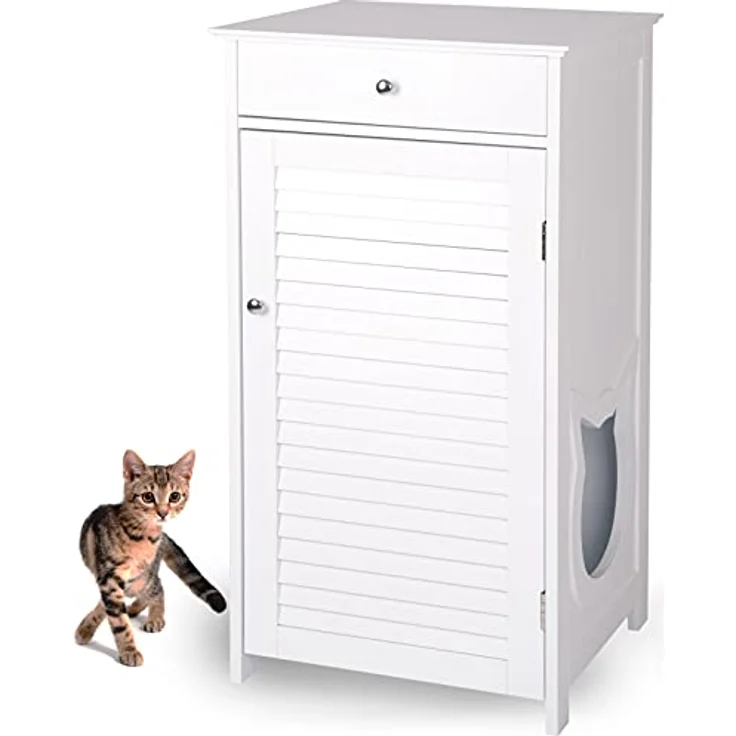 WONDERMAKE® Katzenschrank für Katzentoilette groß hoch aus Holz, Katzenklo-Schrank Kommode mit Schublade und Tür geschlossen, Design Katzen-Haus Toilette Klo XL, 51 x 46 x 96 cm, weiß – Bild 1