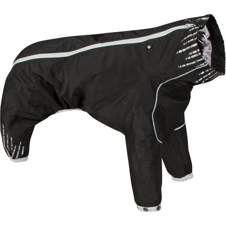 HURTTA Hunderegenmantel Regen-Overall Downpour Suit schwarz, wasserdicht und schmutzabweisend, verstellbare Beinlänge, reflektierende Elemente