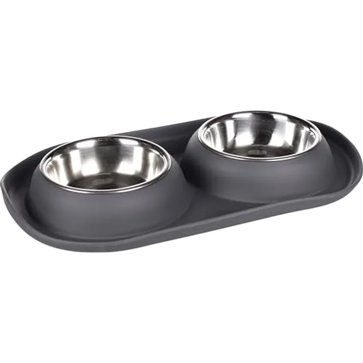 Flamingo Futter- und Trinknapf Duo Dinner Grafa Oval, Edelstahl mit antirutsch-Boden, dunkelgrau, 2x220ml, 34x19x3,5cm