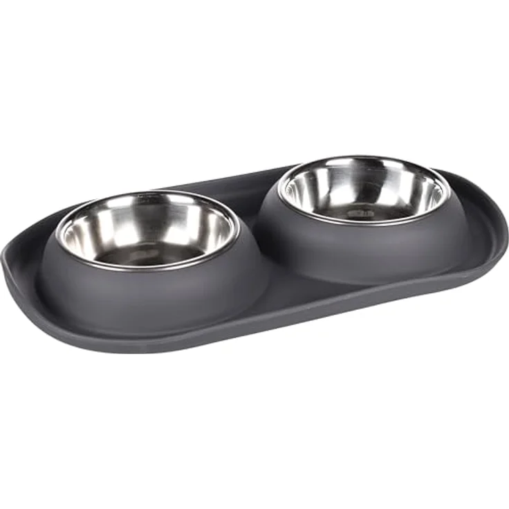 Flamingo Futter- und Trinknapf Duo Dinner Grafa Oval, Edelstahl mit antirutsch-Boden, dunkelgrau, 2x220ml, 34x19x3,5cm – Bild 1
