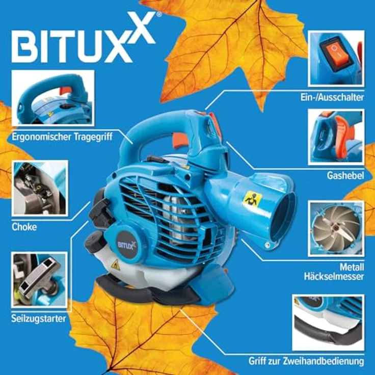 Bituxx MS-13494, 3in1 Benzin Laubsauger/Laubbläser/Laubhäcksler, leistungsstarker 25,4 ccm Motor, 50 L Laubsackvolumen, Blau – Bild 5