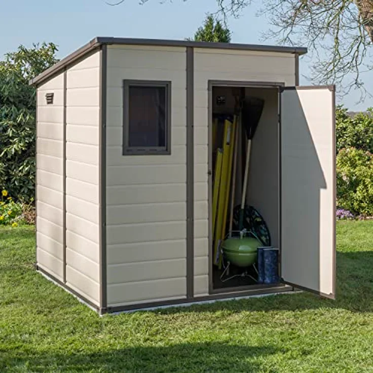 Keter Gerätehaus Manor Pent 6X6, Beige, Abmessungen außen BxTxH: 183,5x85x200cm, wetterfest, Flachdach – Bild 2