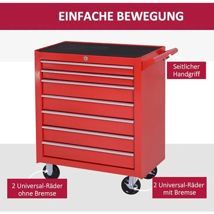 Durhand Werkstattwagen mit Rollen, 7 Schubladen, abschließbar, pulverbeschichtet, max. Traglast 150 kg, aus Stahl, rot, mit Feststellbremse – Bild 6