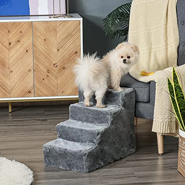 PawHut Haustiertreppe 4-stufige Hunderampe mit Abnehmbarer Bezug Katzentreppe Hundetreppe Tiertreppe Plüsch Grau 60 x 35 x 44 cm - Preisvergleich – Bild 2