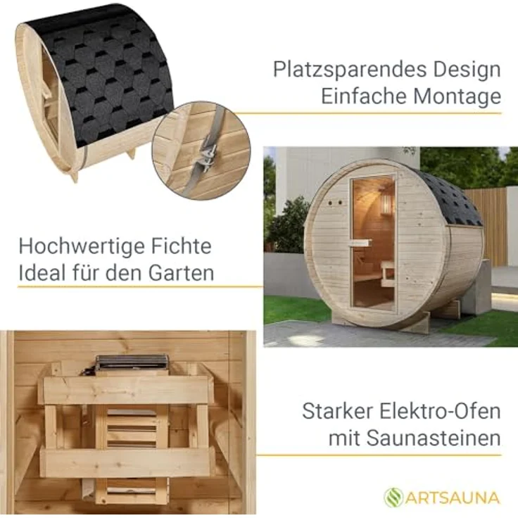 Artsauna Fasssauna Spitzbergen 120, für 2 Personen, Fichtenholz, 3,6 kW Elektro-Ofen, Komplett-Set, Naturfarben – Bild 4
