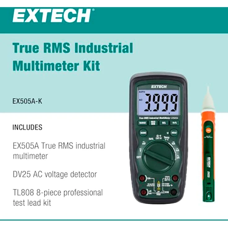 Extech Multimeter Hochleistungs-Industrie-Multimeter-Kit, CAT IV-600V, True RMS, 8-teiliges Messleitungsset, blau – Bild 3