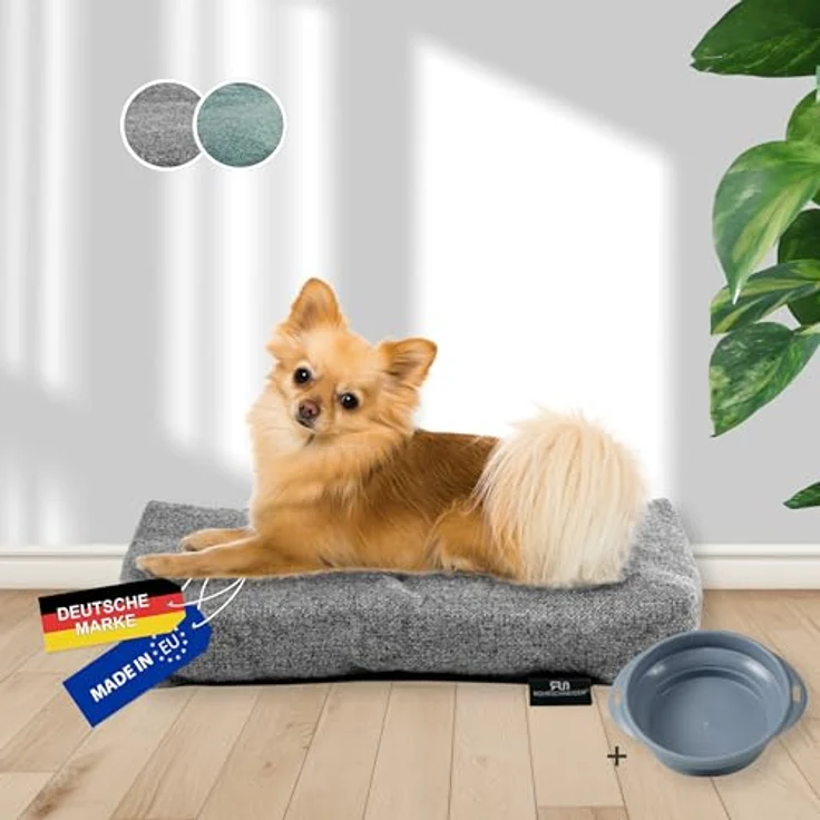 Rohrschneider Hundebett Made in EU | Hundematte mit Anti-Rutsch | strapazierfähiges Hundekissen für kleine, mittelgroße & große Hunde | Katzenbett | inkl. Futternapf - Gr.1 (grau, 47 x 30 x H 7 cm) – Bild 1