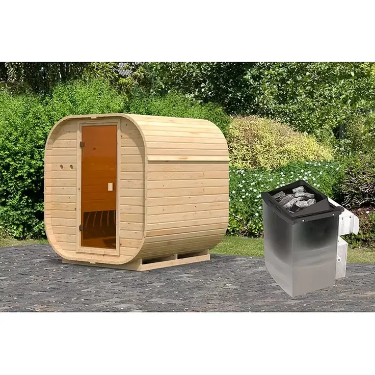 Karibu Fasssauna Quadro, Elektroofen, 38 mm Wandstärke, Holz, L x B x H: 175 x 199 x 205 mm