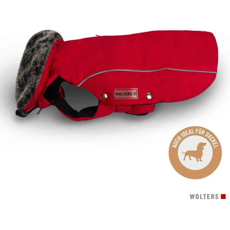 Wolters Hundemantel Winterjacke Amundsen für Dackel rot, mit Kunstpelz Kragen und reflektierenden Streifen – Bild 1